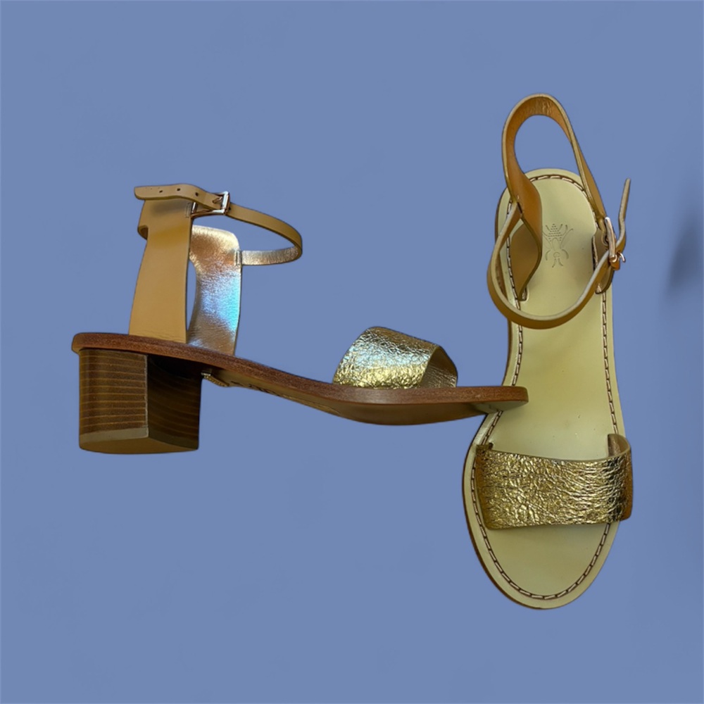 Block Heel Gold and Brown Ankle Strap Sandals